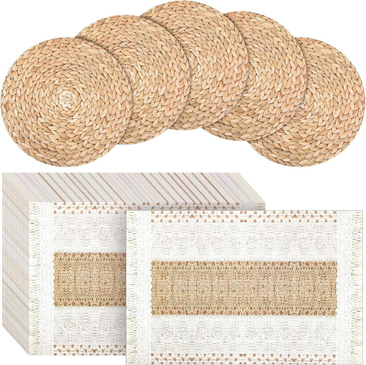 100 Pcs Boho Disposable Paper Placemats Set Round Braided Rattan Disposable Woven Paper Place and Rectangle Burlap Printed Placemats Farmhouse Table Mats for Kitchen